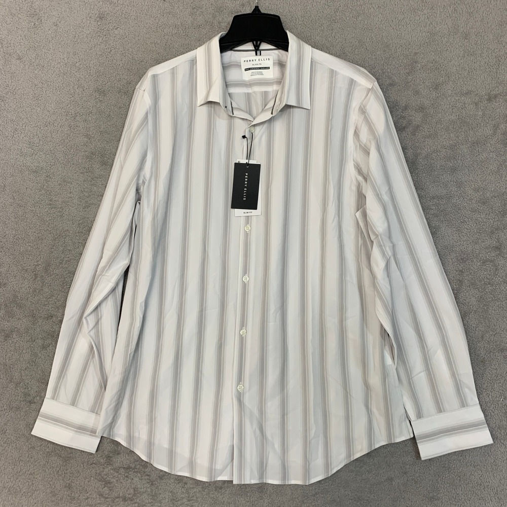 NWT Perry Ellis Slim Fit Button Down Shirt Men's XL White Gray Stripe Polyester